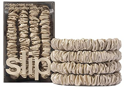 slip Silk Skinny Scrunchies - Blonde | Set of 4 Skinny Scrunchies | 100% Mulberry Silk, Anti-Crease, Gentle on Hair, Reduces Breakage | Stylish, Durable, Ideal for All Hair Types