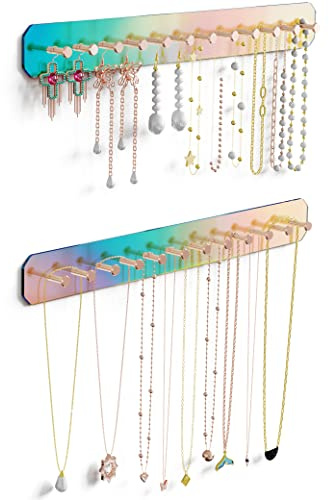 NiHome Wall Mount Acrylic Jewelry Organizer 2-Pack, Durable Sleek Rack Strong Carbon Steel Hooks for Dressing Table, Bathroom, Kitchen, Hassle-Free Installation Multiple Mounting Options (Iridescent)