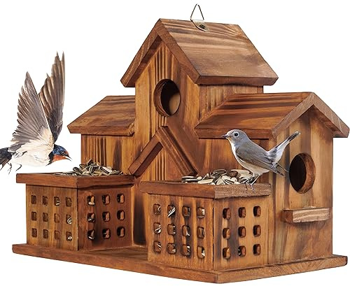 MIXUMON Bird Houses for Outside with Bird Feeder, Outdoor 3 Hole Bird House Room for 3 Bird Families Bluebird Finch Cardinals Hanging Birdhouse for Garden