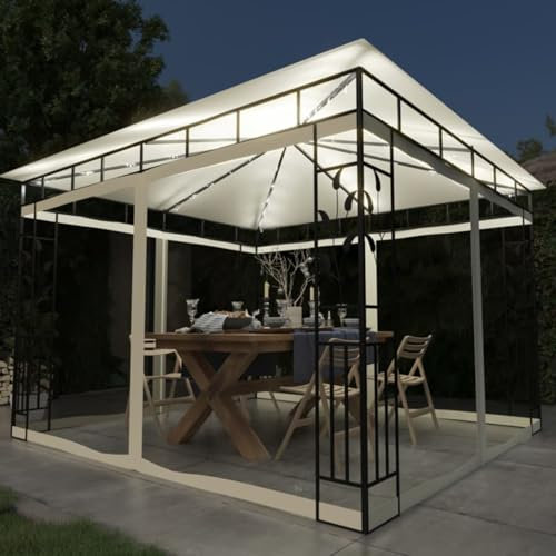Gecheer Lusthus med myggnät och LED-lampor, utomhus lusthus, Pergola lusthus med duk, trädgårdspaviljong, festtält, grillpaviljong, vägglusthus, 3 x 3 x 2,73 m grädde