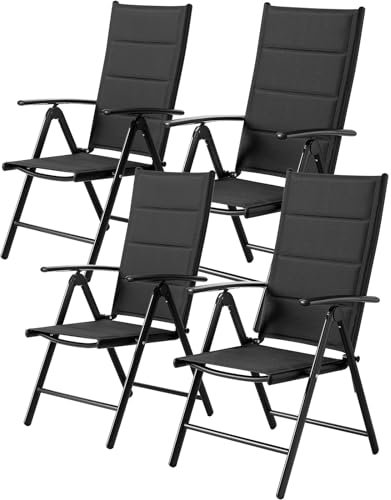 Gartenstühl Hochlehner Klappbar, 4er Set Aluminium Balkonstuhl, Bis 120 kg,mit Gesteppte Rückenlehne & Sitzfläche, 7-Fach Verstellbar, Outdoor Esszimmerstuhl, Armlehnen Klappstuhl, Schwarz, 4 PCS