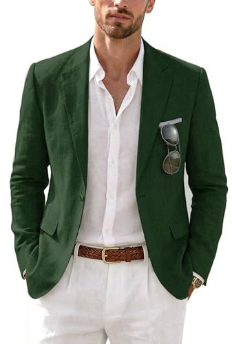 MrSure Men's Linen Blazer, Lightweight Casual Sport Coats, Solid Slim Fit Suit Jacket for Daily Deep Green
