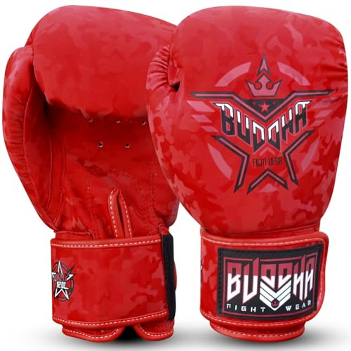 BUDDHA FIGHT WEAR Gants de boxe thaïlandais, muay thaïlandais, kick boxing, cuir synthétique, tissu intérieur résistant aux odeurs, différents designs (Army rouge, 400 ml)