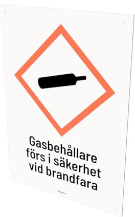 Nosico, Varningsskylt A5 - Gasbehållare förs i säkerhet vid brandfara, 1,5 mm Aluminium, 1-pack, Svenska, Förborrade Skruvhål, Vit/Röd/Svart, 21,0(L) x 14,8(B) cm