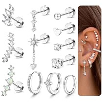 JeweBella 12Pcs 20G Flat Back Earrings for Women Helix Piercing Jewellery Surgical Steel Stud Earrings Silver Gold Small Conch Daith Tragus Piercing Jewellery Rook Helix Hoop Cartilage Earring Stack