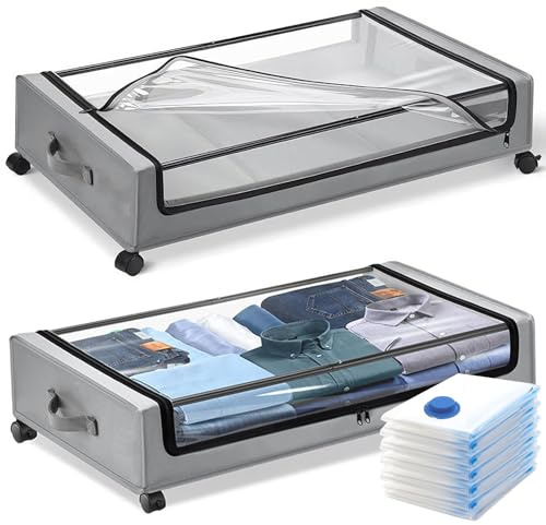 Scettar 2 pcs Cajas Almacenaje Ropa 45L Caja Bajo Cama con Ruedas de 360 Marco Metálico Organizador Ropa con Ventana Transparente Cajones Bajo Cama Organizador de Canape para Zapatos Mantas Juguetes