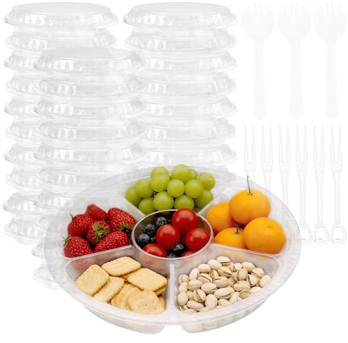 TMCCU 30 Pack 12 Inch Plastic Appetizer Tray with Lid, 6 Sectional Round Plastic Divided Serving Tray with 200 Forks and 100 Spoon-Forks, Disposable Food Party Platters for Snack,Fruit,Vegetable