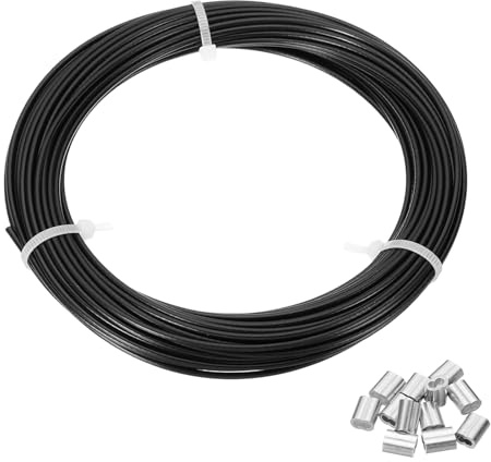 PATIKIL Cable De Acero De 5/64, 15 M Acero Inoxidable 304 Revestido En Vinilo Negro Con 12 Manguitos De Crimpado Para Colgar Luces Cuerdas De Tendedero Enrejados, Negro