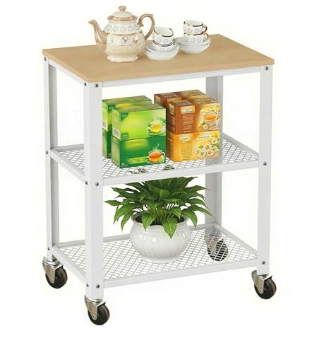 Carrello Relaxdays, 3 Ripiani, Effetto Legno, Cucina, casa e Ufficio, HLP: 77,5x60x40 cm, Acciaio, Marrone Chiaro-Bianco
