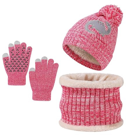 Generisch Bonnet d'hiver tricoté pour garçons et enfants avec motif dinosaure, écharpe et bonnet à pompon pour enfant - Bonnet d'hiver chaud, Rose, 2-8 ans
