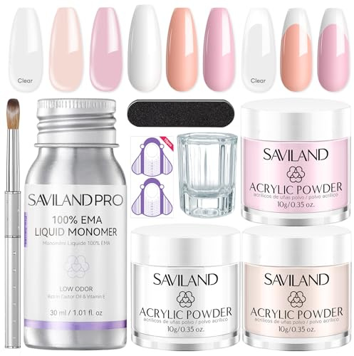 SAVILAND Set di Unghie Acriliche per Principianti: Set Completo Acrilico per Unghie 3 Colori Polvere Acrilica 30ML Monomero EMA con Pennello Lime e Sagome per Allungamento Unghie per Fai Da Te
