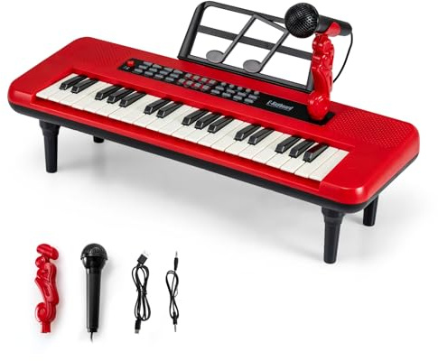 COSTWAY Clavier Piano Enfant 37 Touches avec Microphone et Pupitre, Piano Numérique avec Pieds Détachables et 2 Haut-parleurs, Mode d'apprentissage, Instrument de Musique Portable pour 3 Ans+ (Rouge)