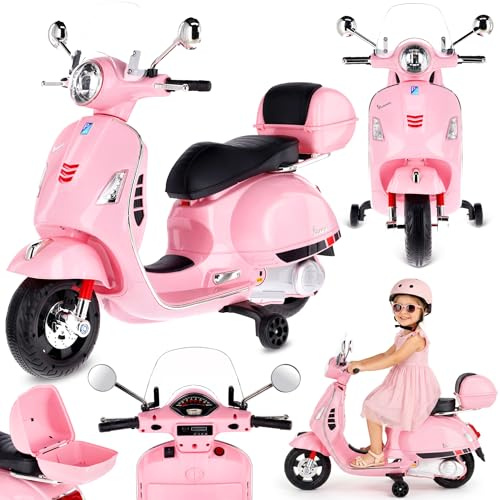 Vespa Scooter Moto électrique pour Enfants avec Roues et siège en Plastique, Coffre, Lecteur MP3, Prise AUX MicroSD USD (Rose Clair)