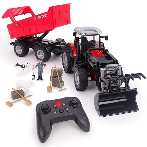 Toyland® 1:24 Trattore radiocomandato rosso in scala caricatore frontale, rimorchio motorizzato e accessori, set di gioco con luci e ricarica USB - Batteria ricaricabile inclusa - Veicolo da fattoria