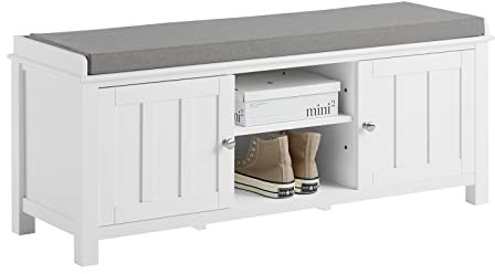 SoBuy Storage Bench Shoe Rack with Seat Cushion, White Shoe Storage Cabinet with Adjustable Shelf, Padded Seat, Removable Cushion, for Hallway & Entryway W105 × D35 × H43 cm FSR35-W