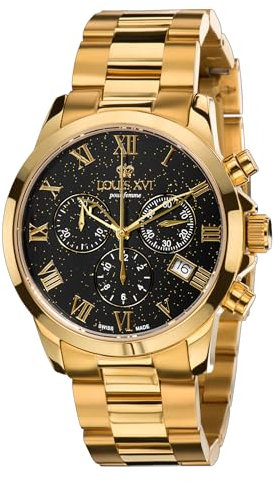 LOUIS XVI Athos Pour Femme 545 - Ø 38 mm - Armbanduhr Damen - Wasserdicht - Uhr mit Saphirglas - Armband Gold - Zifferblatt Schwarz - CH Quarzwerk