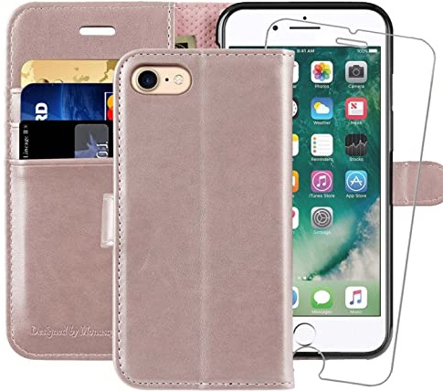 MONASAY iPhone SE 2022/2020 5G Case,iPhone 8 Wallet Case, iPhone 7 Case,4.7-inch, [Glass Screen Protector] Flip Folio Leather Cell Phone Cover with Credit Card Holder,Rose Gold