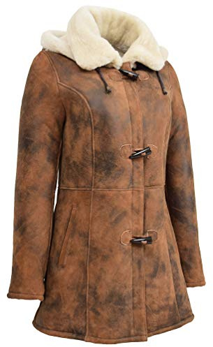 Genuine Sheepskin Duffle Coat for Womens 3/4 Long Hooded Cognac Shearling Jacket Armas (X-Large)
