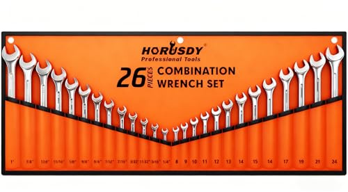 HORUSDY 26-Piece Durable Combination Wrench Set with Roll-up Pouch, Open End Wrench Set for General Household, Garage, Auto Repairs, SAE 1/4” - 1” and Metric 8mm - 24mm