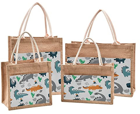Mnsruu Dinosaur Animal Cactus Plant Jute Tote Bags Women Grocery Shopping Bags with Handles for Outdoor Travel 14.2 x 12.6 x 7.1 inches