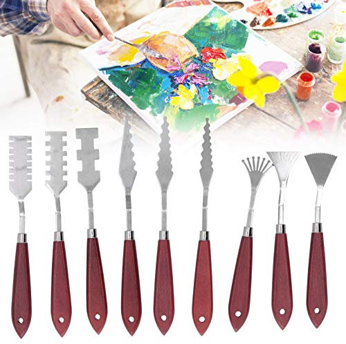 Couteau à palette 9 pièces, couteaux de peinture d'artiste avec manche en bois, têtes de grattoir pour murs de briques d'herbe d'arbres, spatule d'art de palette de peinture à l'huile mélangeant le gr