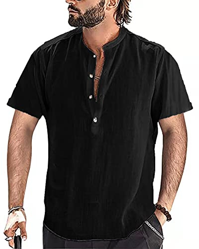 YAOBAOLE Chemise en Lin Homme Chemise Homme Manches Courtes Regular Fit Chemises pour Hommes d Été Chemises en Lin Col Mao Noir L