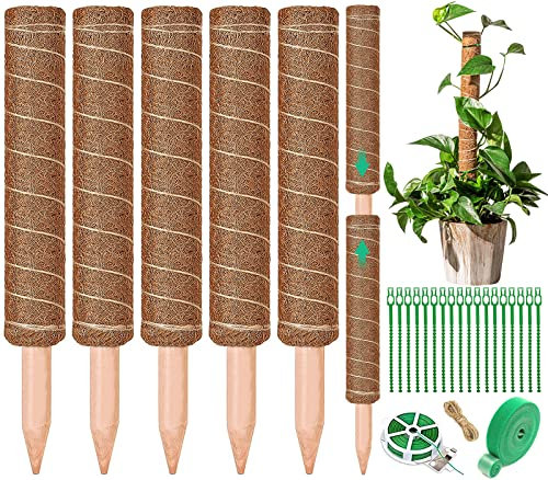 VIPNAJI 5 Stück Rankhilfe Zimmerpflanzen, 42cm Natürliche Kokosfaser Pflanzenstab mit Klettband, Kabelbinder und Schnur, Rankhilfen für Kletterpflanzen Ausziehbar bis zu 162cm Plant