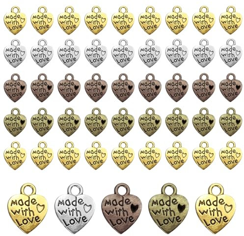 NATOSU 50 Stück antiker Metall-Herzen, Charms, handgefertigt mit Liebe, Mini-Anhänger für DIY-Bastelarbeiten