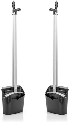 BigDean 2 Stück Kehrschaufel Set mit Besen in Grau – Kehrgarnitur für effektive Bodenreinigung – Besen mit Stiel 90 Grad drehbar