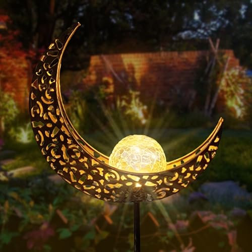 UrbanHaven Outdoor Solar Moon and Light Lantern, Gold Resin Garden Ornament with Solar LED Light, Waterproof, 21.6 x 9 x 21.6 cm