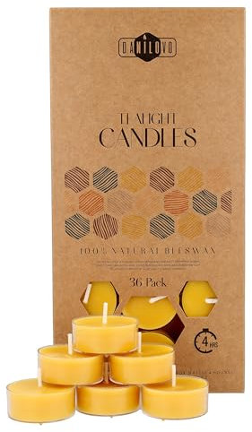 Velas de Cera de Abeja Natural 100% - Velas de Té con Mecha de Algodón – 4 Horas de Duración – Pack de Velas 36 Unidades – Velas Pequeñas de Cera de Abeja Pura y Plástico Reciclado de Danilovo