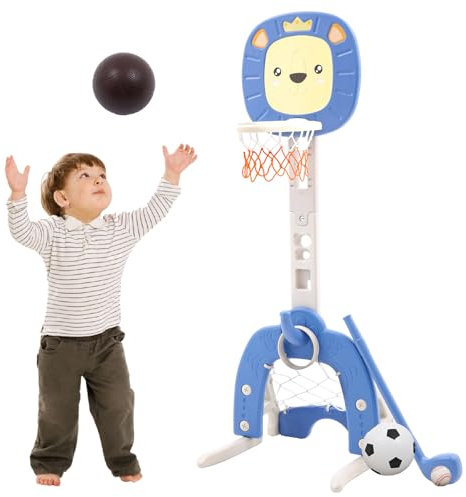 Kinder Basketballkorb 4 in 1 Basketballkorb Indoor Outdoor mit Basketbälle Fußballtor Wurfspiel Golfspiel Höhenverstellbarer Basketballständer 120-150cm Spielzeug für Jungen Mädchen ab 3 Jahre(Blau)