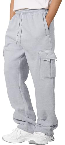 CMTOP Pantaloni Tuta Uomo Invernali Pantaloni Cargo in Pile Termici Pantalone Tuta Jogger Larghi Sportivi Pantaloni Casual Cotone Pantaloni Palestra con Tasconi e Coulisse(Grigio Chiaro, L)