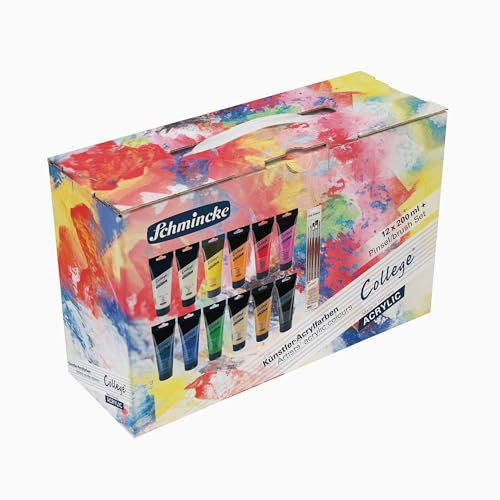 Schmincke - College® Acrylic, Acrylfarbenset mit 12 x 200 ml Tuben, 83 712 097, Acrylfarben in Studienqualität, Grundsortiment, seidenmatt und lichtecht
