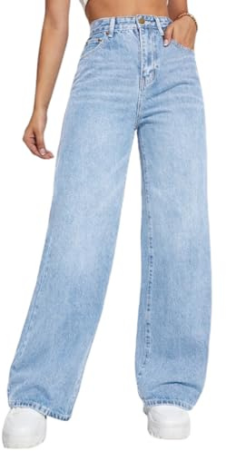 Tomwell Jean Femme Taille Haute Coupe Droite Straight Jeans Automne Hiver Jean Baggy Pantalon Large Décontracté Baggy Jeans A Bleu XS