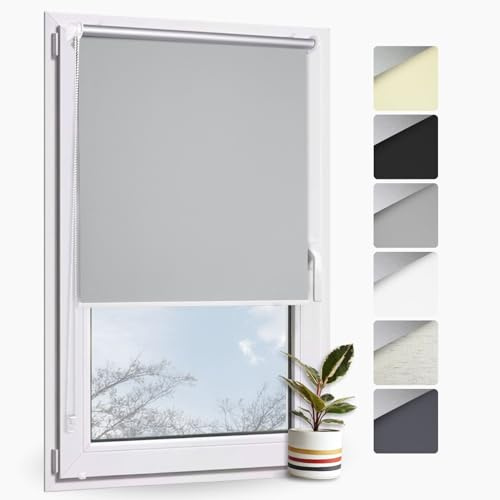 Rollmayer Verdunklungsrollo ohne Bohren mit Klemmfix (Thermo Grau 140x130 cm BxH) Seitenzug Rollo für Fenster und Türen Blickdicht lichtundurchlässig Energiesparrollo einfache Montage