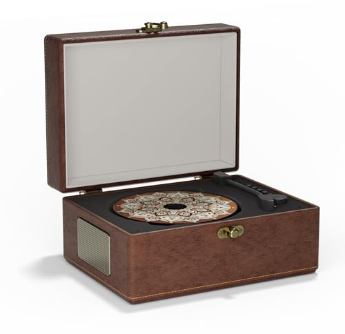Yintiny Bärbar CD-spelare i vintagestil med Bluetooth, brunt läder