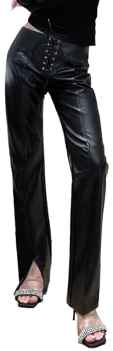 EMOTTOS Pantalones de Cuero para Mujer, Látex PU Pantalones Rectas de Cintura Media con Tirantes Ajustables, Elásticos Jeans con Bajos Divididos, Pantalon Ropa de Calle para Fiestas Club, Negro, M