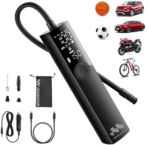 Woowind Compresseur à Air Portatif, 150 PSI, Gonfleur Pneus Voiture, SUV, Pickup, Vélo, et Moto, Pompe A Vélo Electrique sans fils ou avec câble 12V DC, Arrêt Automatique