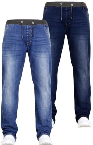 JEANBASE New Boys Kids Two Pack Bundle Designer Branded Stretch Denim Elasticated Ribbed Waist Jogger Pull On Jeans Pants Midwash & Darkwash 13-14 Years