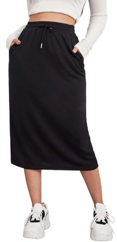 Amtopiyo Falda deportiva para mujer, cintura elástica, abertura por debajo de la rodilla, con bolsillos, Negro -, S