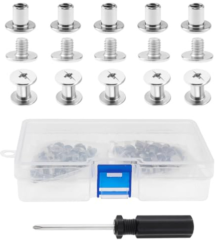 Smgda 50 sets/pack 304 Stainless Steel Cross Barrel Nuts and Bolts Binding Screws for Leather Belt Buckle/Bags/Cupboard with Cross Screwdriver, Silver Screw Rivets (M4x6)