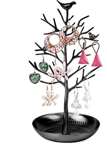FSROOMZ Portagioie a forma di albero con uccelli, decorazione per collane, anelli, orecchini, da donna, in metallo, per ragazze, donne (nero)