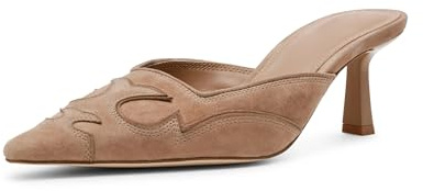 SOVANYOU Brown Suede Kitten Heel Mules for Women Pointed Toe Pumps Stitching Flame Design Close Toe Heels Comfortable Mules for Casual Dress