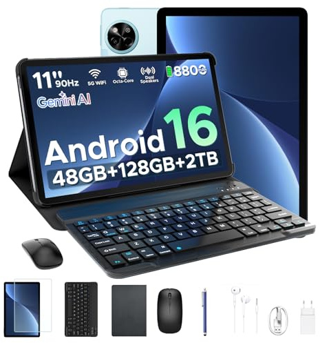 P11 Android 16 Tablet 11 Pulgadas, 48GB RAM + 128GB ROM/2TB TF, 90Hz, T7250 Octa-Core, 8800mAh, 13MP+5MP, Gemini AI, Widevine L1, Face ID, GPS, OTG, Doble altavoz, Tablet con Teclado y Lápiz, Azul