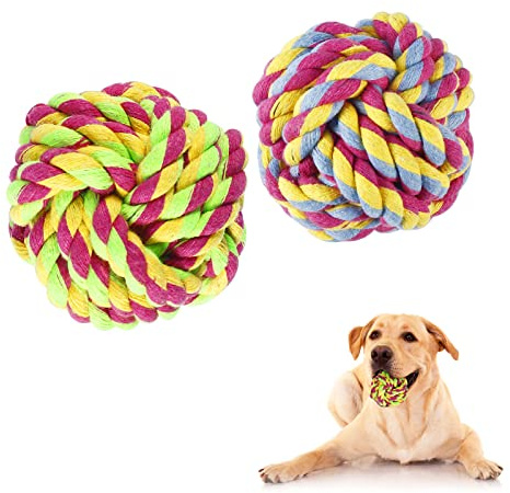 Vivifying Dog Rope Toy Ball, Pack of 2 Braided Cotton Chew Knot Ball for Dog Teeth Cleaning