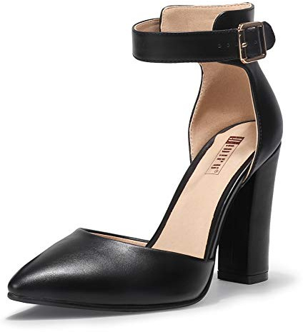 IDIFU Women's IN4 Pedazo High Block Heels Pumps Pointed Closed Toe Ankle Strap Dress Wedding Shoes (Black Pu, 9.5 M US)