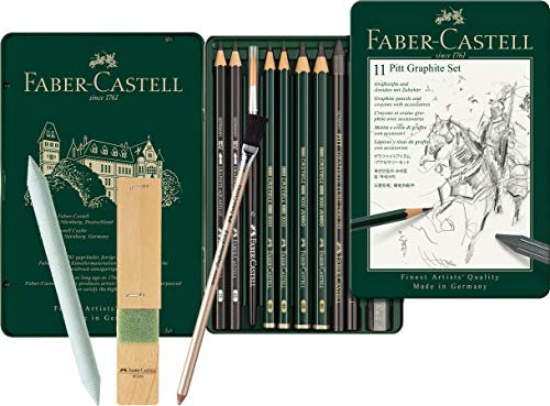 Faber-Castell - Pitt Graphite Set im Metalletui, klein, 11 + 3 -teilig (inklusive Radierstift mit Pinsel, Papierwischer und Minenschärfblock)