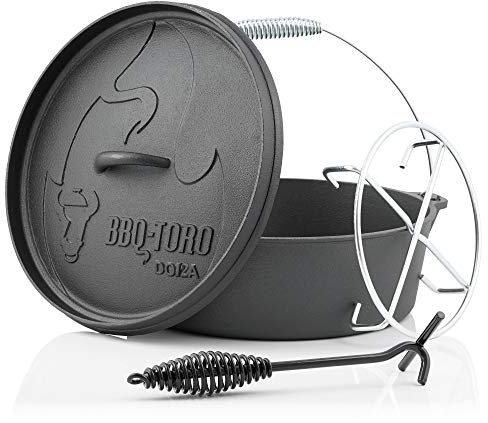 BBQ-Toro Dutch Oven Alpha Serie | 10,7 Liter (DO12AX), Topf ohne Füße | bereits eingebrannt - preseasoned | Gusseisen Kochtopf | Bräter mit Deckelheber