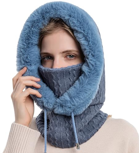 WANYIG 2 i 1 vintermössa stickad mössa varm mössa cirkel halsduk set balaclava vinter stickad mössa med fleecefoder för kvinnor vindtät mössa köldskydd skidmössa 56–60 cm